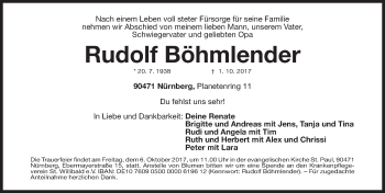 Traueranzeige von Rudolf Böhmlender von Gesamtausgabe Nürnberger Nachrichten/ Nürnberger Ztg.