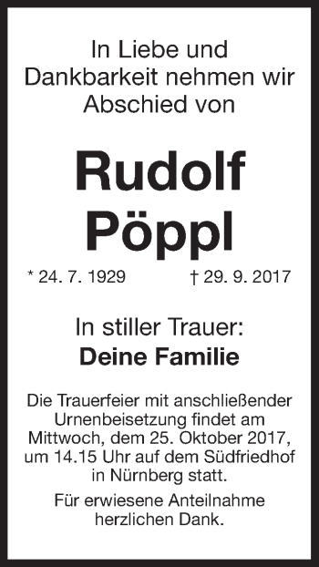Traueranzeige von Rudolf Pöppl von Gesamtausgabe Nürnberger Nachrichten/ Nürnberger Ztg.