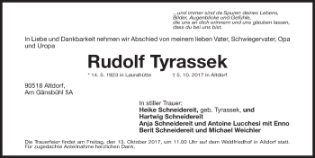 Traueranzeige von Rudolf Tyrassek von Gesamtausgabe Nürnberger Nachrichten/ Nürnberger Ztg.