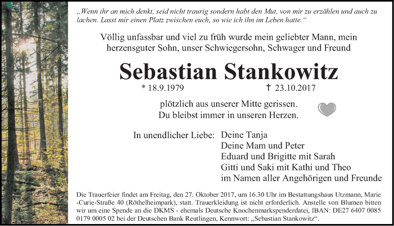  Traueranzeige für Sebastian Stankowitz vom 26.10.2017 aus Erlanger Nachrichten Lokal