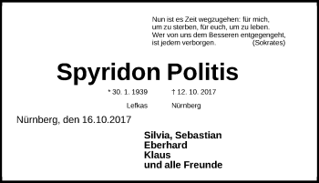 Traueranzeige von Spyridon Politis von Gesamtausgabe Nürnberger Nachrichten/ Nürnberger Ztg.