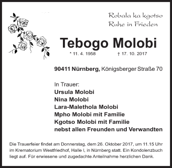 Traueranzeige von Tebogo Molobi von Gesamtausgabe Nürnberger Nachrichten/ Nürnberger Ztg.