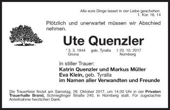Traueranzeige von Ute Quenzler von Gesamtausgabe Nürnberger Nachrichten/ Nürnberger Ztg.