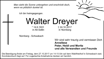 Traueranzeige von Walter Dreyer von Gesamtausgabe Nürnberger Nachrichten/ Nürnberger Ztg.
