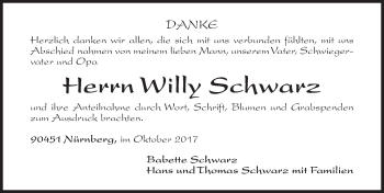 Traueranzeige von Willy Schwarz von Gesamtausgabe Nürnberger Nachrichten/ Nürnberger Ztg.