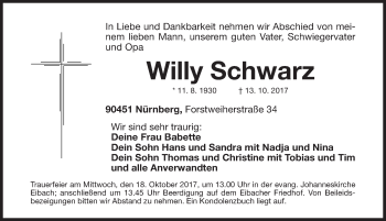 Traueranzeige von Willy Schwarz von Gesamtausgabe Nürnberger Nachrichten/ Nürnberger Ztg.