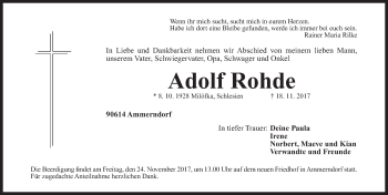 Traueranzeige von Adolf Rohde von Fürther Nachrichten Lokal