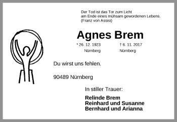 Traueranzeige von Agnes Brem von Gesamtausgabe Nürnberger Nachrichten/ Nürnberger Ztg.