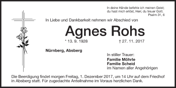 Traueranzeige von Agnes Rohs von Altmühl-Bote Lokal