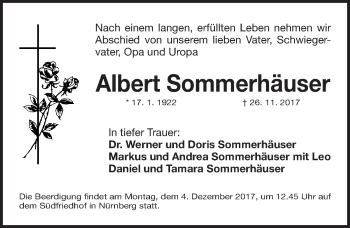 Traueranzeige von Albert Sommerhäuser von Gesamtausgabe Nürnberger Nachrichten/ Nürnberger Ztg.