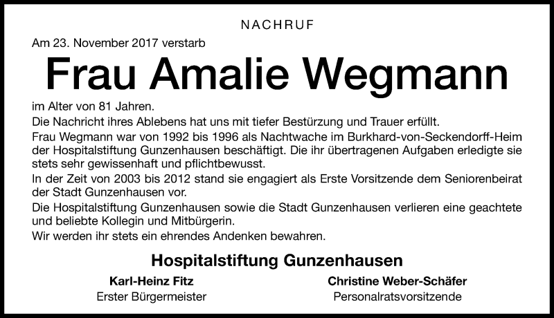  Traueranzeige für Amalie Wegmann vom 29.11.2017 aus Altmühl-Bote Lokal