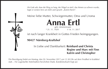 Traueranzeige von Anna Ertl von Gesamtausgabe Nürnberger Nachrichten/ Nürnberger Ztg.