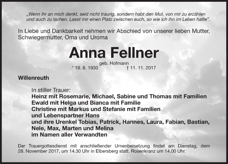  Traueranzeige für Anna Fellner vom 25.11.2017 aus Nordbayerische Nachrichten Pegnitz Lokal