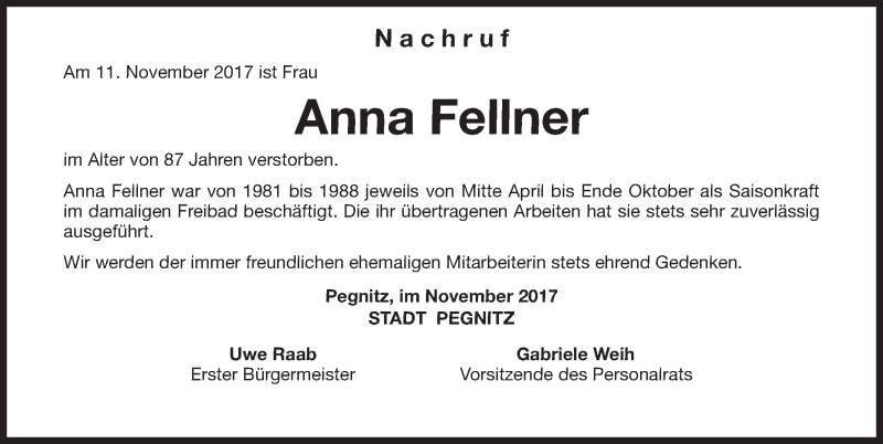  Traueranzeige für Anna Fellner vom 18.11.2017 aus Nordbayerische Nachrichten Pegnitz Lokal
