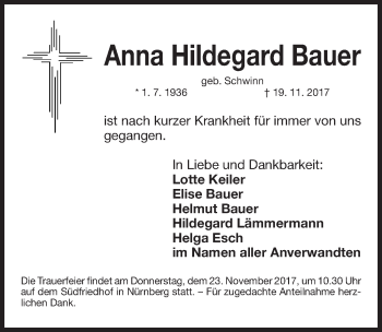 Traueranzeige von Anna Hildegard Bauer  von Gesamtausgabe Nürnberger Nachrichten/ Nürnberger Ztg.