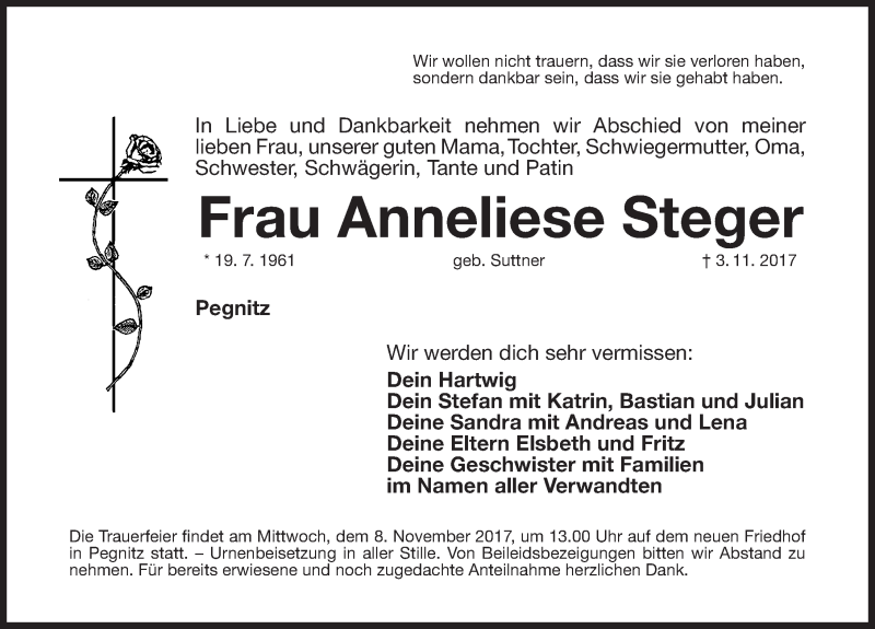  Traueranzeige für Anneliese Steger vom 06.11.2017 aus Nordbayerische Nachrichten Pegnitz Lokal