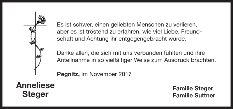  Traueranzeige für Anneliese Steger vom 25.11.2017 aus Nordbayerische Nachrichten Pegnitz Lokal