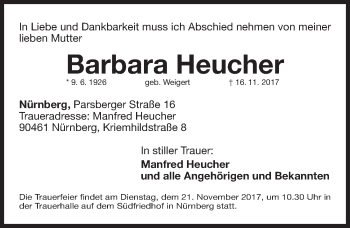 Traueranzeige von Barbara Heucher von Gesamtausgabe Nürnberger Nachrichten/ Nürnberger Ztg.