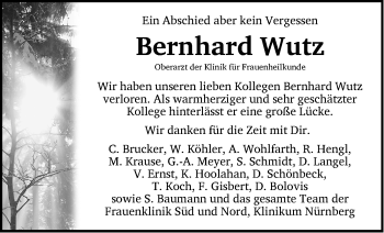 Traueranzeige von Bernhard Wutz von Gesamtausgabe Nürnberger Nachrichten/ Nürnberger Ztg.