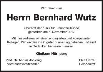 Traueranzeige von Bernhard Wutz von Gesamtausgabe Nürnberger Nachrichten/ Nürnberger Ztg.