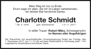 Traueranzeige von Charlotte Schmidt von Gesamtausgabe Nürnberger Nachrichten/ Nürnberger Ztg.