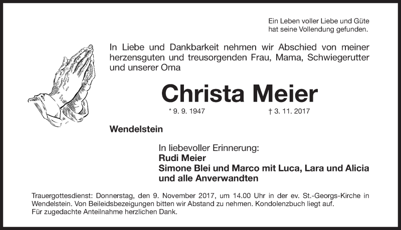  Traueranzeige für Christa Meier vom 06.11.2017 aus Gesamtausgabe Nürnberger Nachrichten/ Nürnberger Ztg.