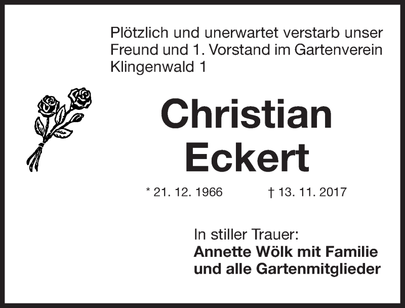  Traueranzeige für Christian Eckert vom 18.11.2017 aus Gesamtausgabe Nürnberger Nachrichten/ Nürnberger Ztg.