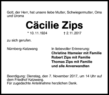Traueranzeige von Cäcilie Zips von Schwabach