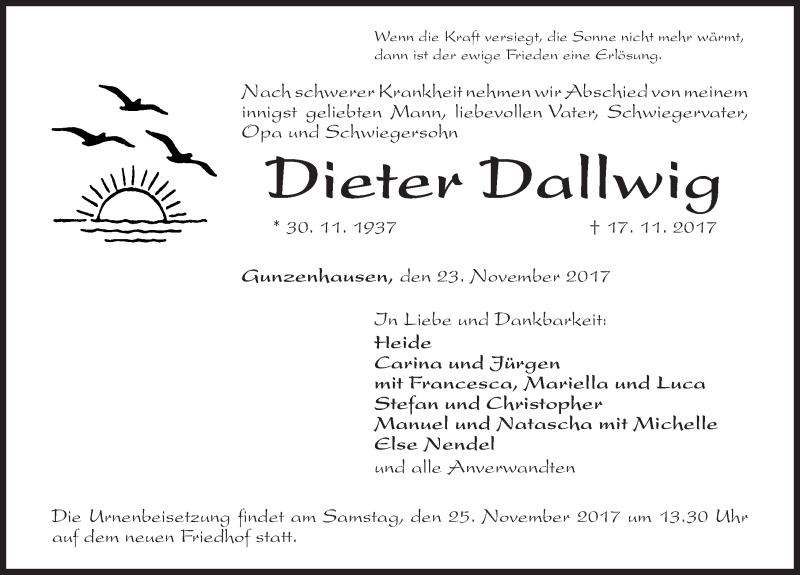  Traueranzeige für Dieter Dallwig vom 23.11.2017 aus Altmühl-Bote Lokal