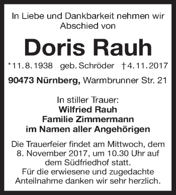 Traueranzeige von Doris Rauh von Gesamtausgabe Nürnberger Nachrichten/ Nürnberger Ztg.
