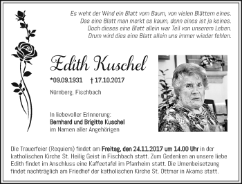 Traueranzeige von Edith Kuschel von Gesamtausgabe Nürnberger Nachrichten/ Nürnberger Ztg.