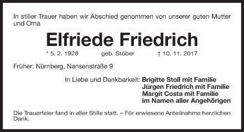 Traueranzeige von Elfriede Friedrich von Gesamtausgabe Nürnberger Nachrichten/ Nürnberger Ztg.