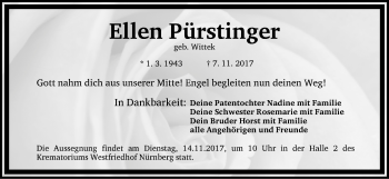 Traueranzeige von Ellen Pürstinger von Gesamtausgabe Nürnberger Nachrichten/ Nürnberger Ztg.