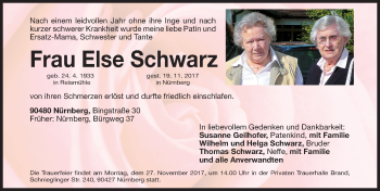 Traueranzeige von Else Schwarz von Gesamtausgabe Nürnberger Nachrichten/ Nürnberger Ztg.