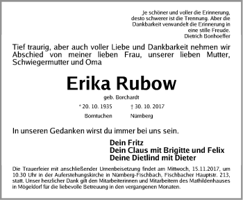 Traueranzeige von Erika Rubow von Gesamtausgabe Nürnberger Nachrichten/ Nürnberger Ztg.