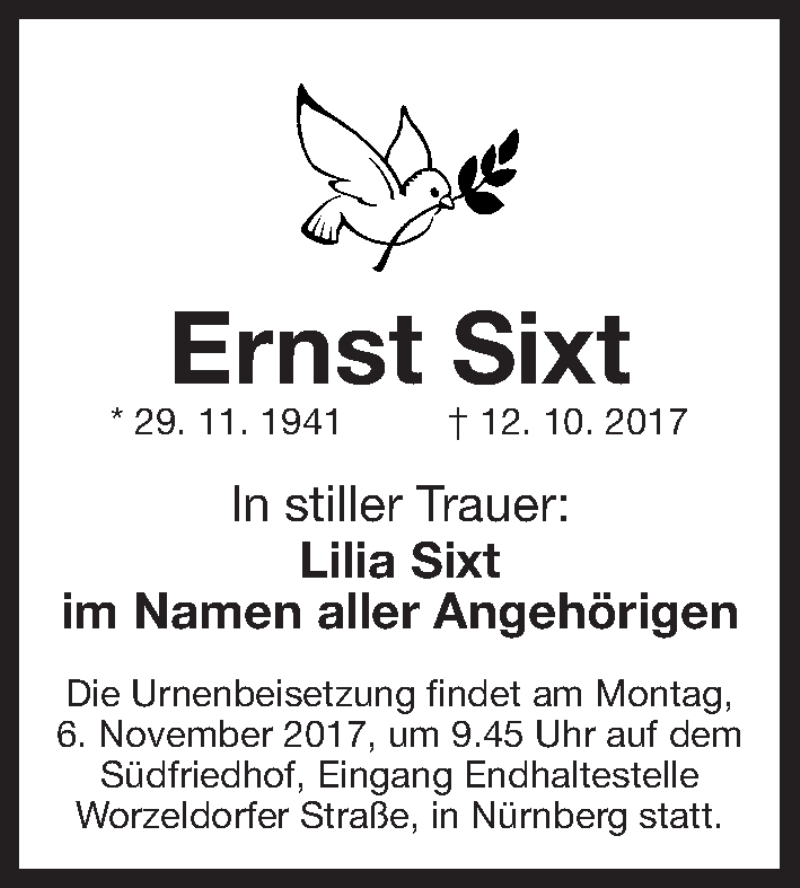  Traueranzeige für Ernst Sixt vom 04.11.2017 aus Gesamtausgabe Nürnberger Nachrichten/ Nürnberger Ztg.