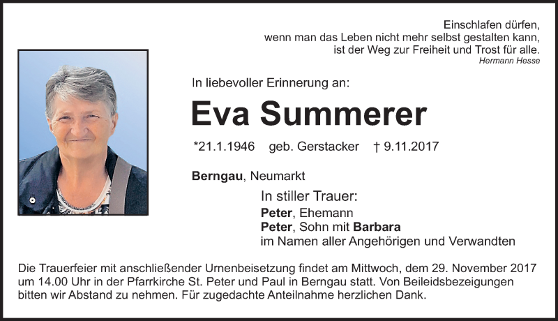  Traueranzeige für Eva Summerer vom 27.11.2017 aus Neumarkter Nachrichten Lokal