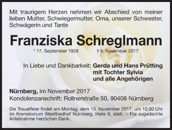 Traueranzeige von Franziska Schreglmann von Gesamtausgabe Nürnberger Nachrichten/ Nürnberger Ztg.