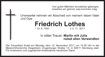 Traueranzeige von Friedrich Lothes von Gesamtausgabe Nürnberger Nachrichten/ Nürnberger Ztg.