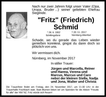 Traueranzeige von Friedrich Schmid von Gesamtausgabe Nürnberger Nachrichten/ Nürnberger Ztg.