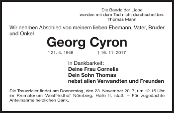 Traueranzeige von Georg Cyron von Gesamtausgabe Nürnberger Nachrichten/ Nürnberger Ztg.