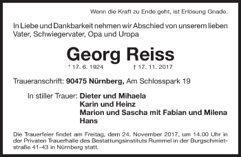 Traueranzeige von Georg Reiss von Gesamtausgabe Nürnberger Nachrichten/ Nürnberger Ztg.
