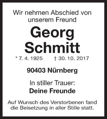 Traueranzeige von Georg Schmitt von Gesamtausgabe Nürnberger Nachrichten/ Nürnberger Ztg.