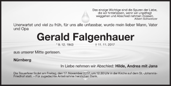 Traueranzeige von Gerald Falgenhauer von Gesamtausgabe Nürnberger Nachrichten/ Nürnberger Ztg.