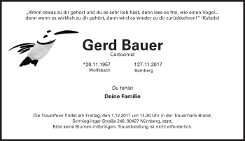 Traueranzeige von Gerd Bauer von Gesamtausgabe Nürnberger Nachrichten/ Nürnberger Ztg.