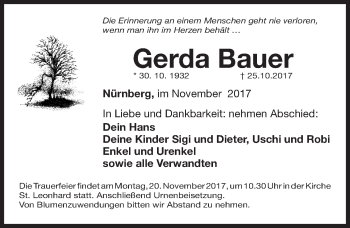 Traueranzeige von Gerda Bauer von Gesamtausgabe Nürnberger Nachrichten/ Nürnberger Ztg.