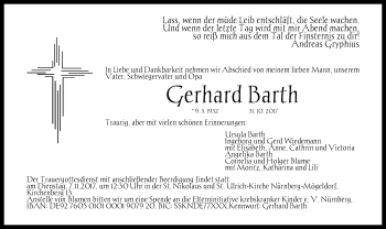 Traueranzeige von Gerhard Barth von Gesamtausgabe Nürnberger Nachrichten/ Nürnberger Ztg.