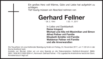 Traueranzeige von Gerhard Fellner von Gesamtausgabe Nürnberger Nachrichten/ Nürnberger Ztg.