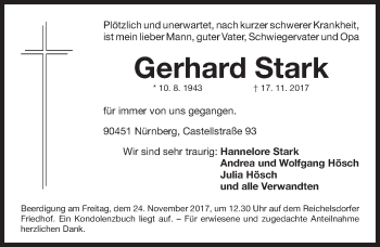 Traueranzeige von Gerhard Stark von Gesamtausgabe Nürnberger Nachrichten/ Nürnberger Ztg.