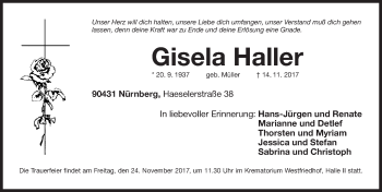 Traueranzeige von Gisela Haller von Gesamtausgabe Nürnberger Nachrichten/ Nürnberger Ztg.